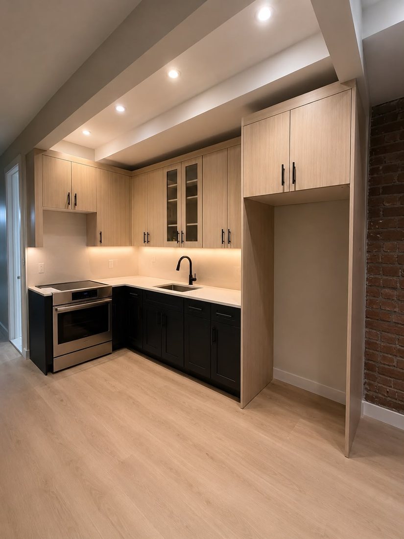 Wood-tone upper cabinets with navy shaker base and glass doors